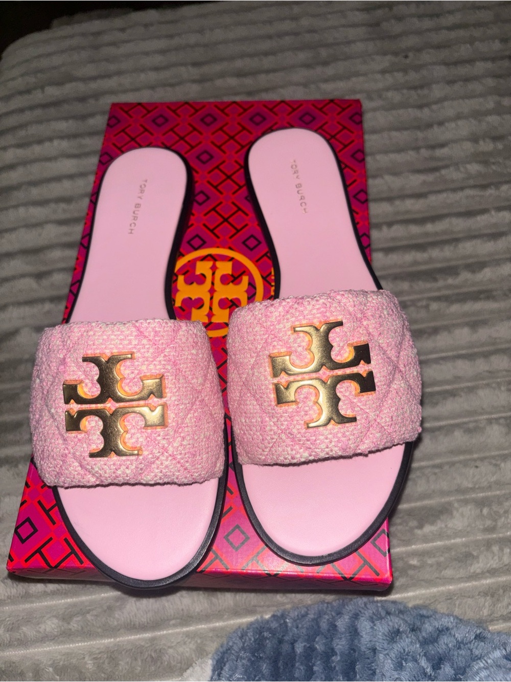 Tory Burch Pink Quilted Slide Sandals with Gold Logo